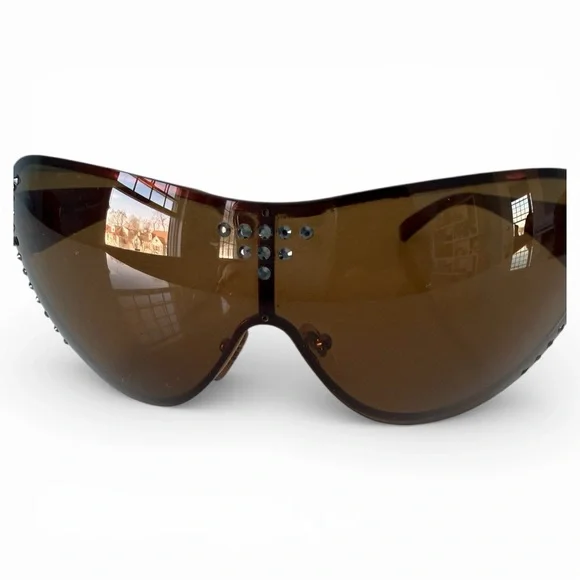 Salvatore Ferragamo Y2K Shield Mask Sunglasses Brown Crystal Designer Italy - Picture 6 of 10